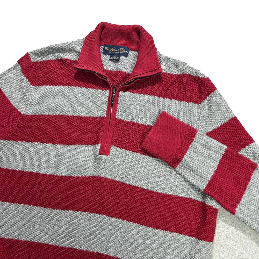 Brooks Brothers Quarter Zip Sweater Mens M Red Grey Striped Waffle Knit Cotton